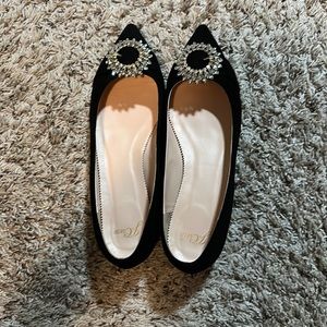 J. Crew Black Pointed-Toe Flats with Crystal Brooch